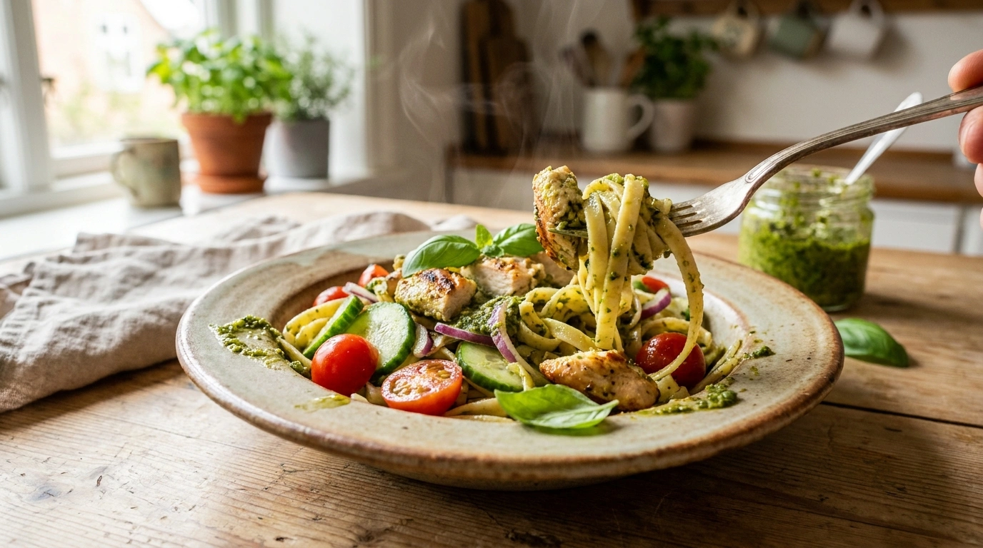 Nem pastasalat med kylling og pesto